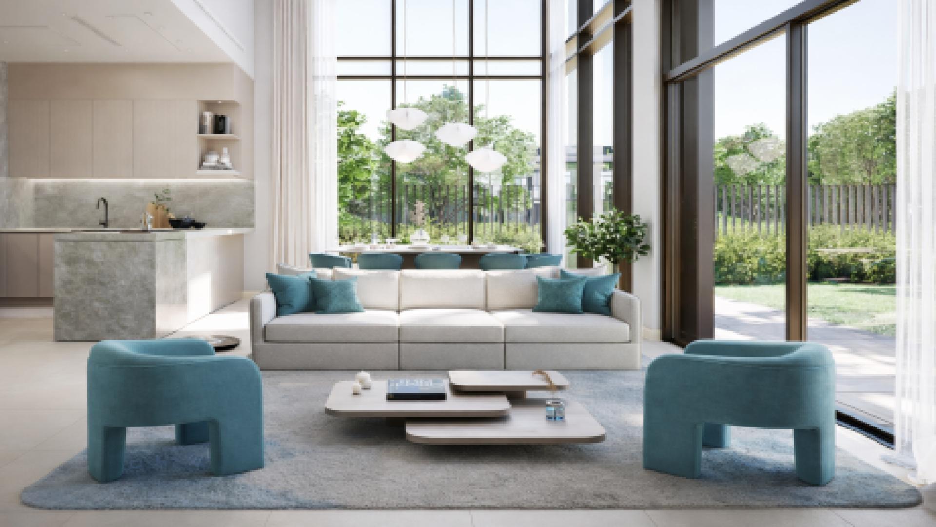 Luxurious living room in La Tilia villa, Dubailand with modern decor and garden view