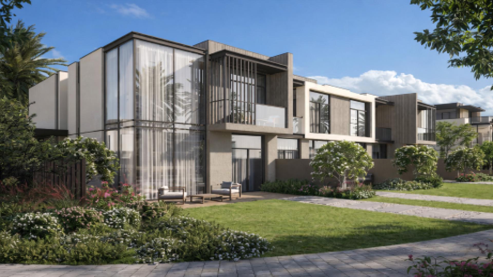 Modern living room in La Tilia villa, Villanova, Dubailand, featuring elegant decor and large windows