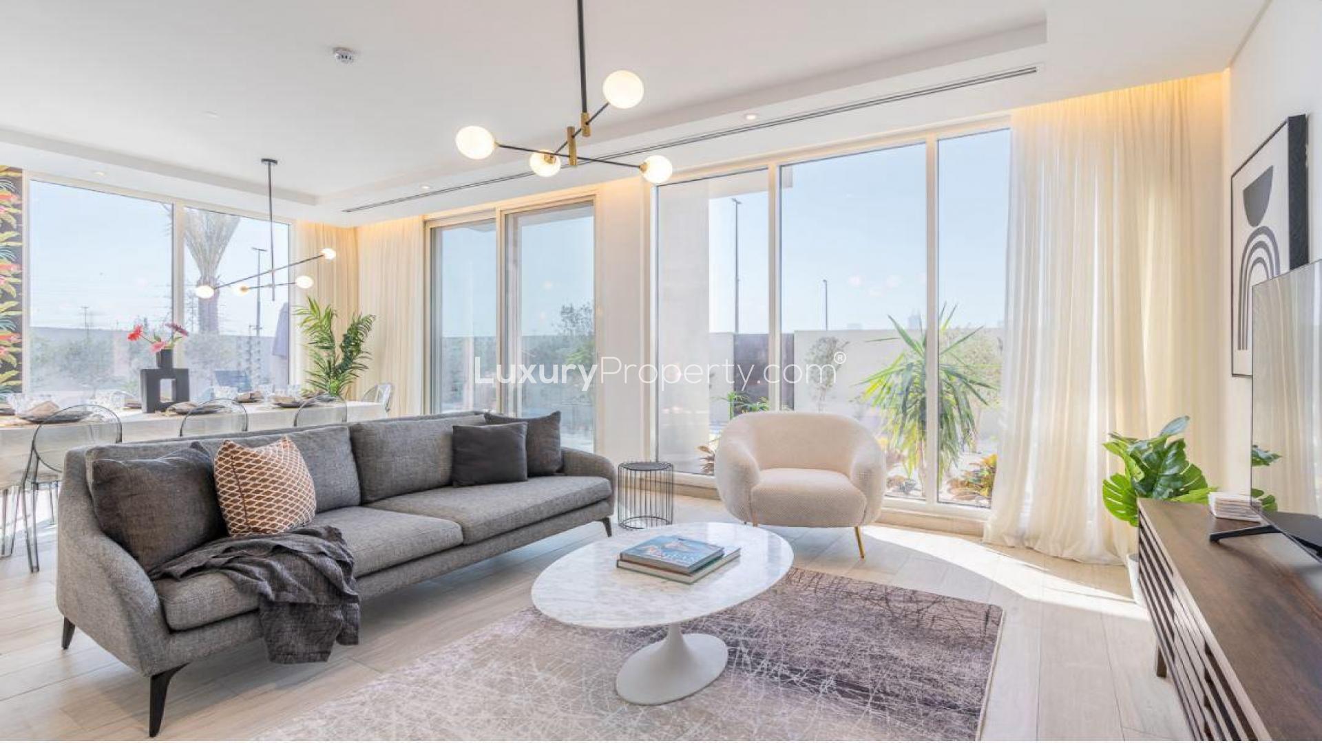 Modern living room in luxurious Jumeirah Park villa with stylish decor and natural light