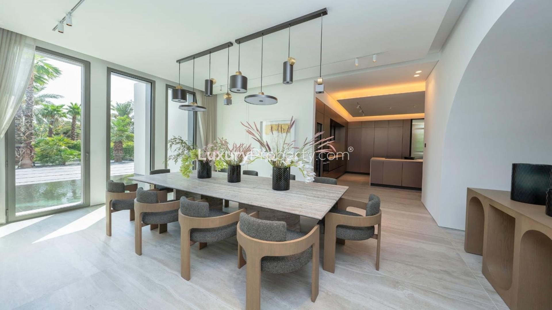 Luxurious living room in boutique villa with lake view, Jumeirah Islands