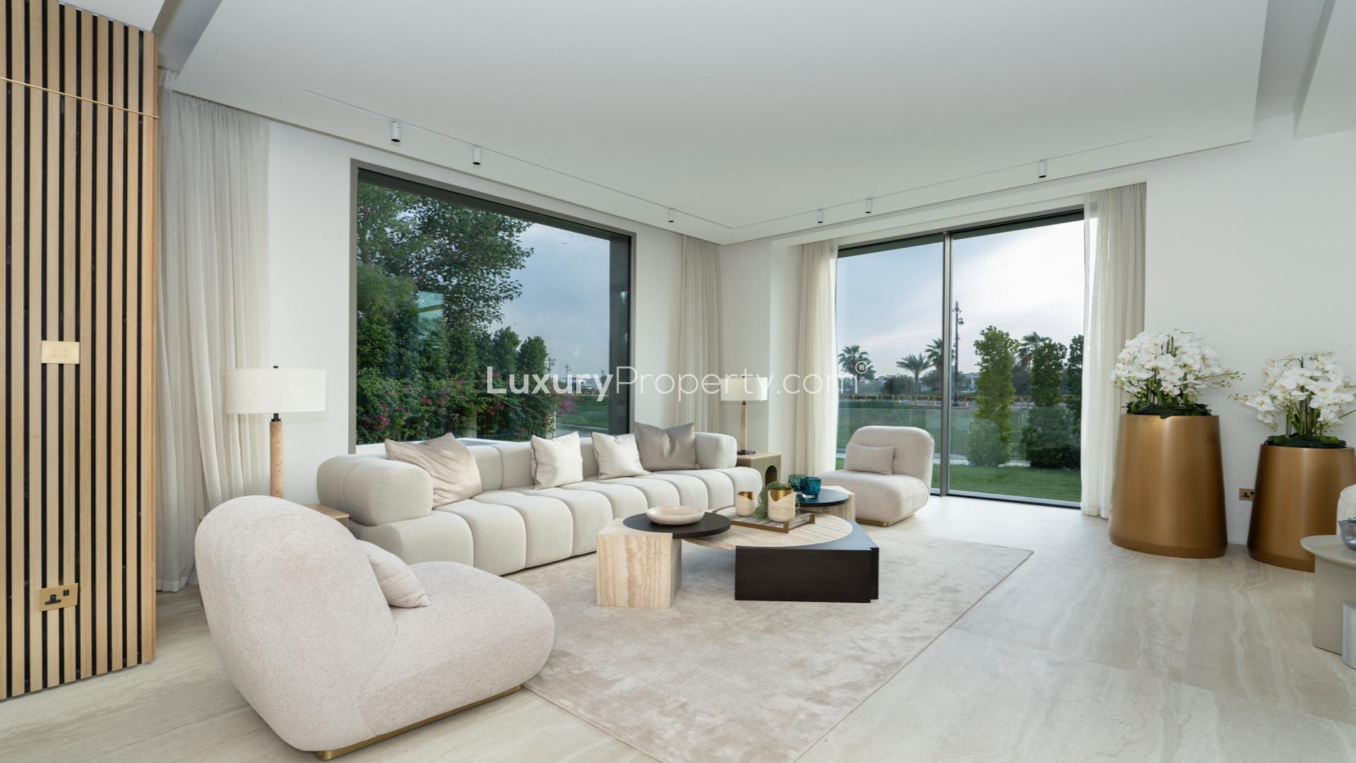 Lake view from garden of upgraded villa in Jumeirah Islands, Islamic Clusters