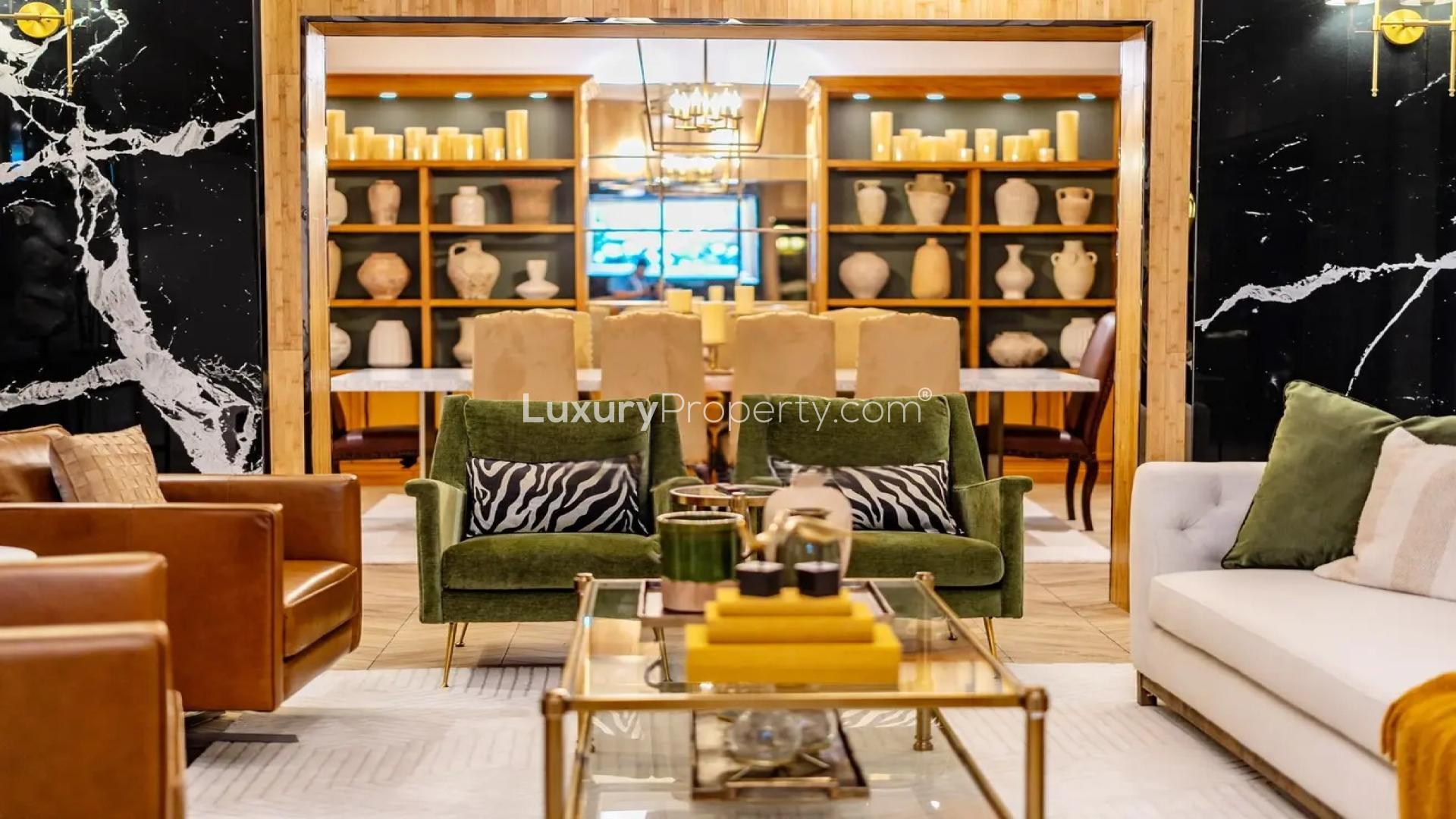 Luxurious living room in Al Furjan villa, featuring elegant decor and modern furnishings