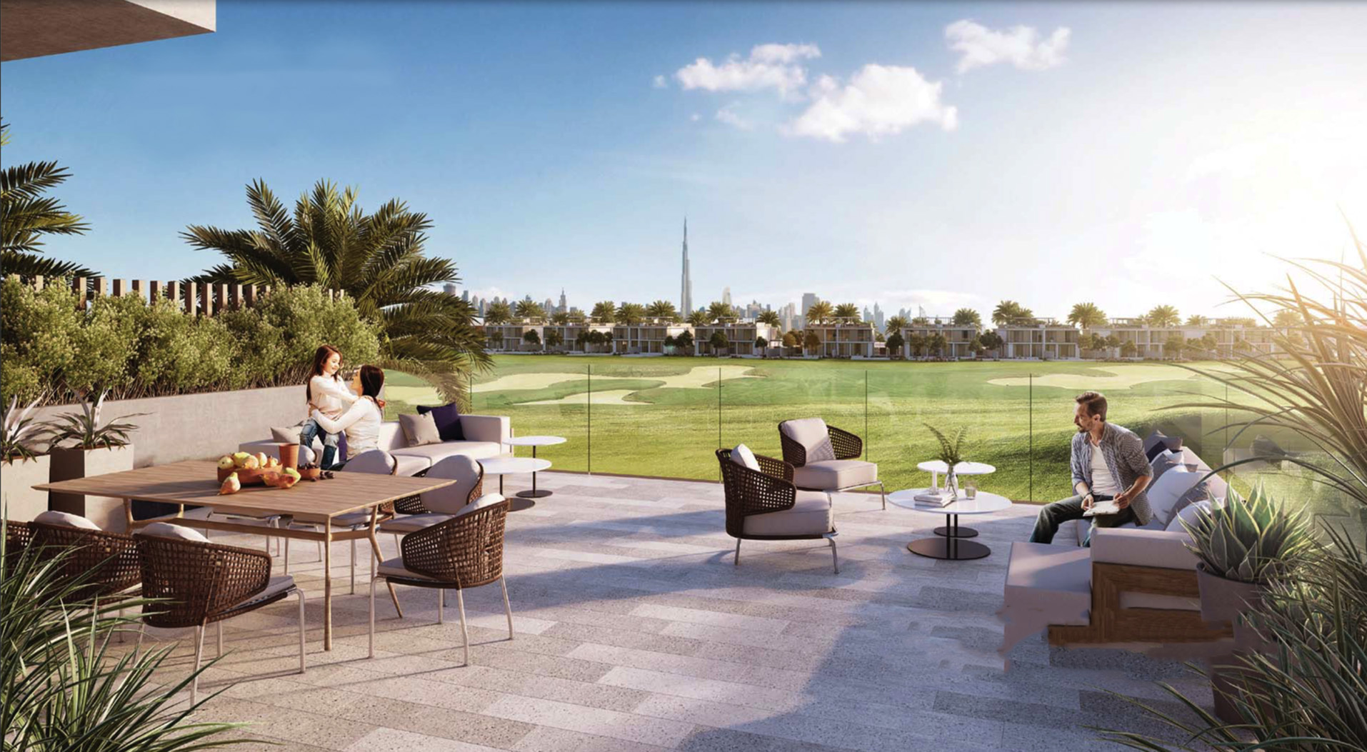 Luxurious poolside view at Club Villas, Dubai Hills Estate, family enjoying sunny day