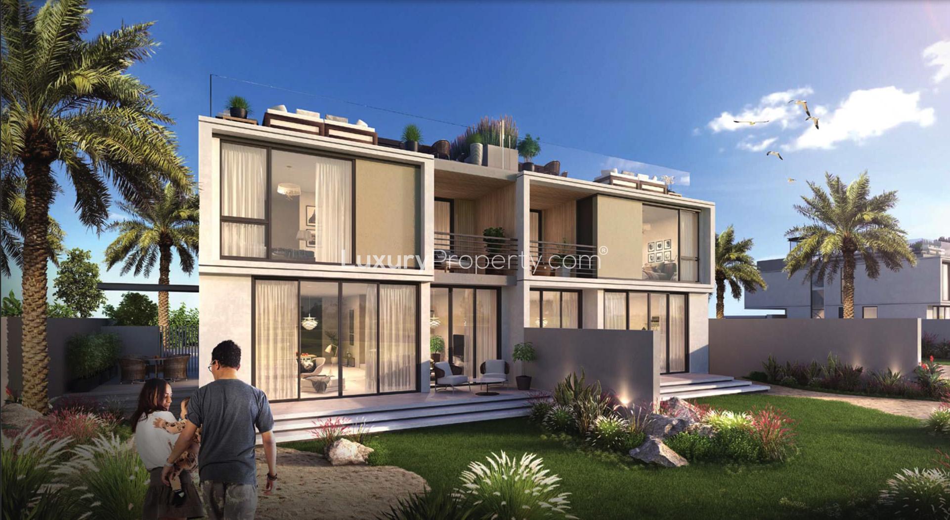 Outdoor terrace of 4-bedroom villa in Dubai Hills Estate, overlooking golf course