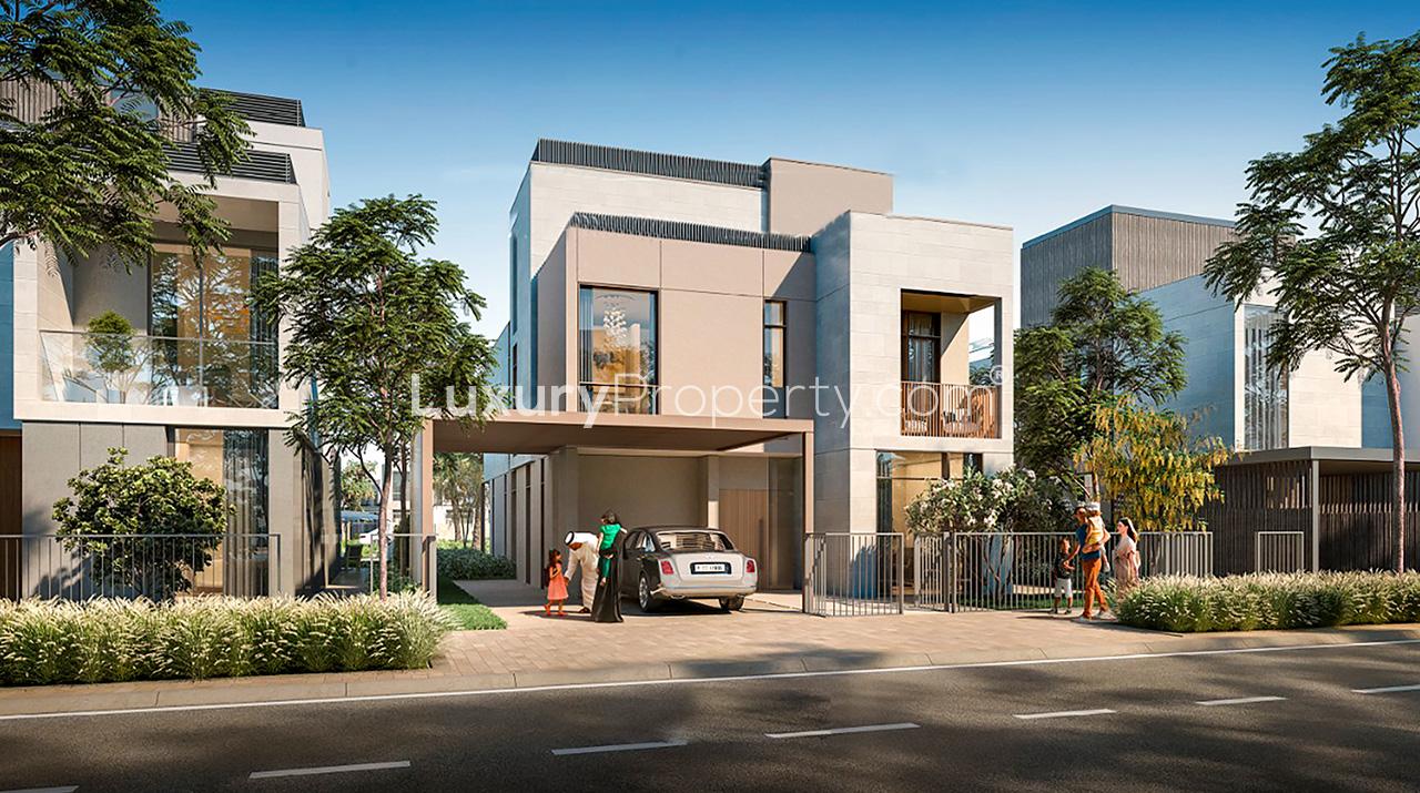 Modern four-bedroom Elie Saab villa exterior in Arabian Ranches III for sale