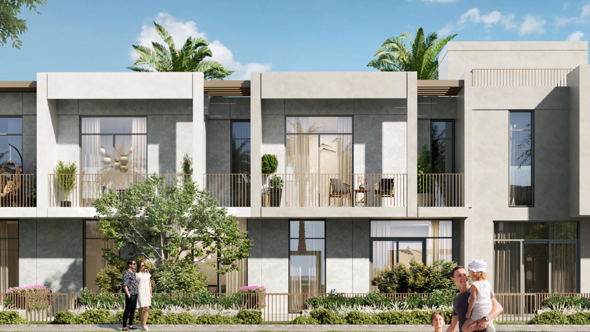 "Modern kitchen in four-bedroom villa, EMAAR South, Dubai South, with dining area and garden view.",Modern four-bedroom villa exterior in EMAAR South, Dubai South, with lush landscaping