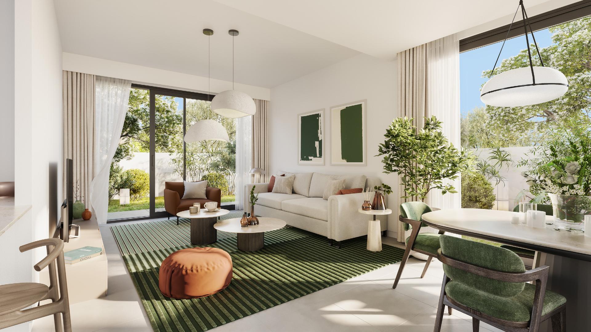 Modern 4-bedroom villa exterior in Emaar South, Fairway Villas, with driveway and greenery