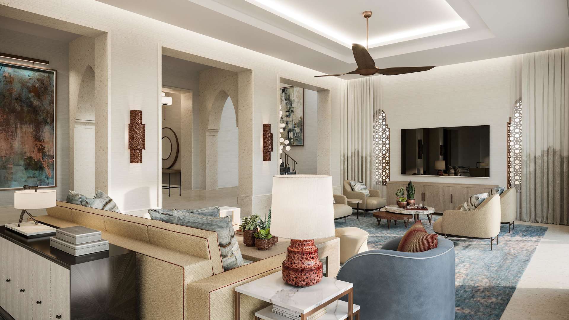 Luxurious living room with ocean view in Sharm el Sheikh villa, elegant decor