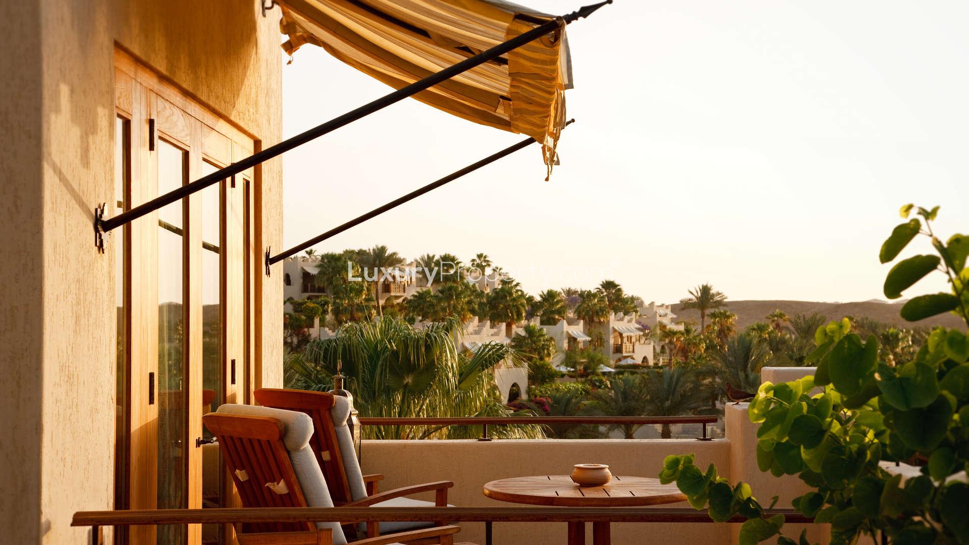Luxurious villa bedroom with ornate windows at Four Seasons, Sharm El Sheikh, Egypt