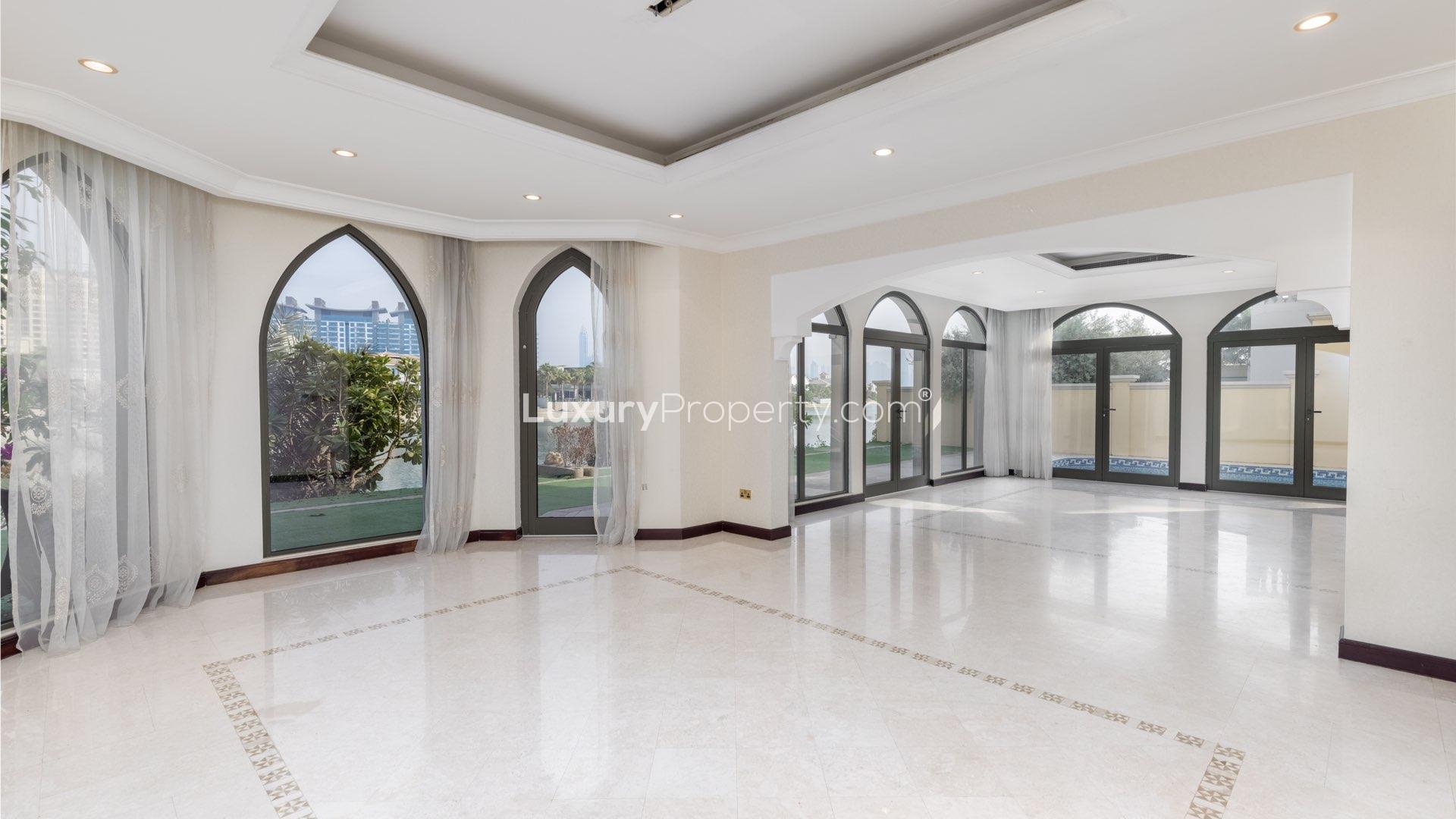 Atrium Entry Villa balcony view, Palm Jumeirah waterfront, skyline in distance, Garden Homes