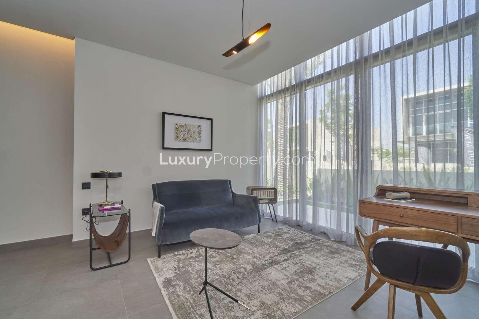 Contemporary villa balcony with glass railing in Golf Place, Dubai Hills Estate