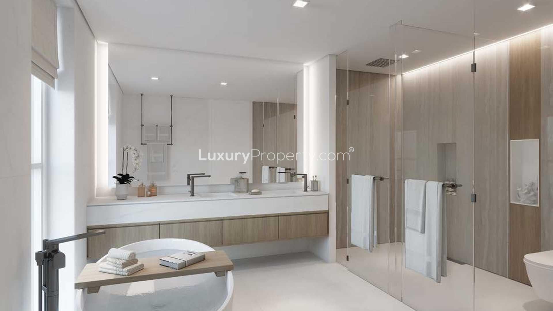 Aerial view of Harmony community, Tilal Al Ghaf, showcasing villas and scenic lagoon