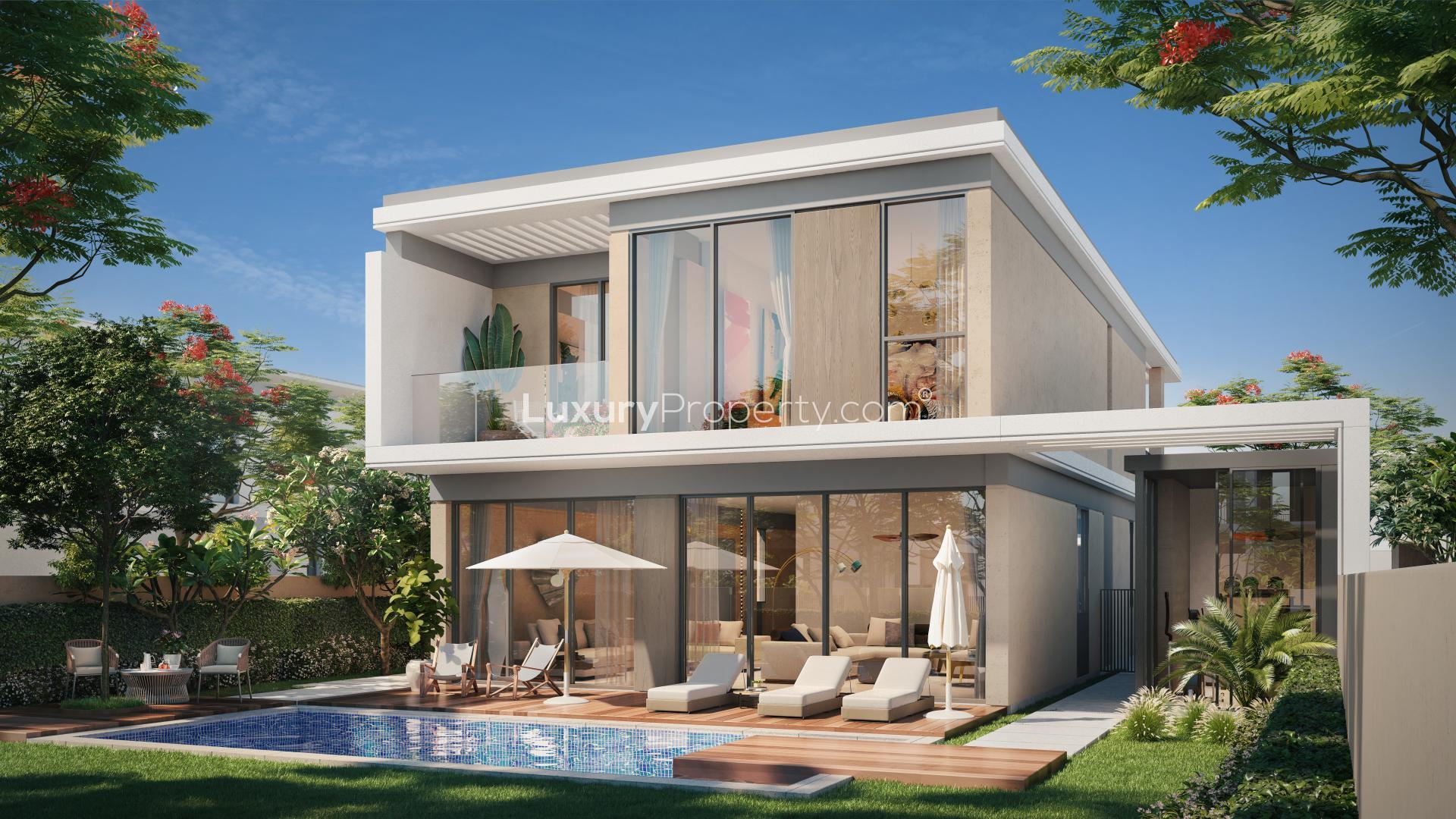 Luxurious living room in Harmony villa, Tilal Al Ghaf with garden view and modern decor