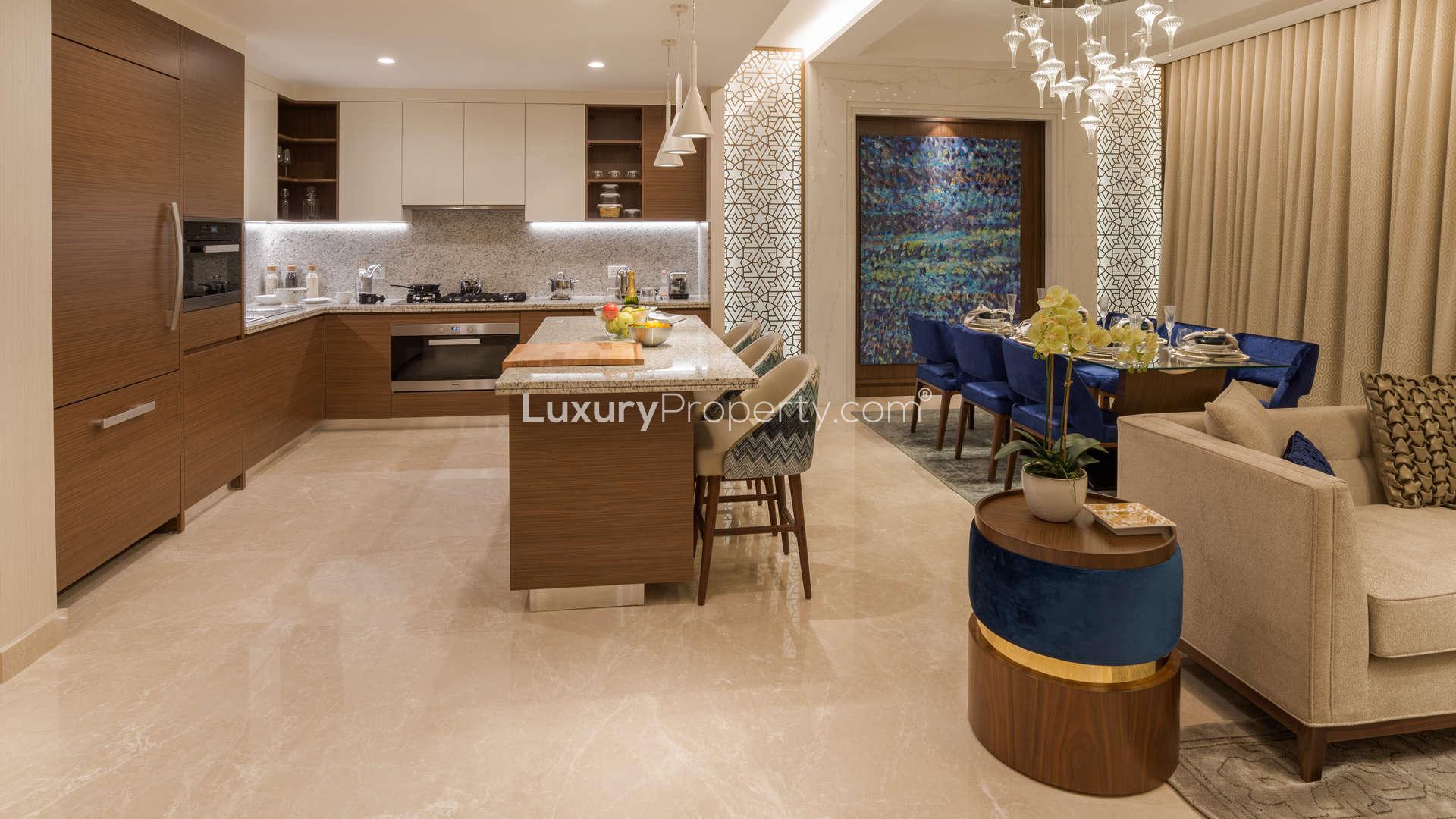 Contemporary villa balcony with floor-to-ceiling windows in Imperial Avenue, Downtown Dubai