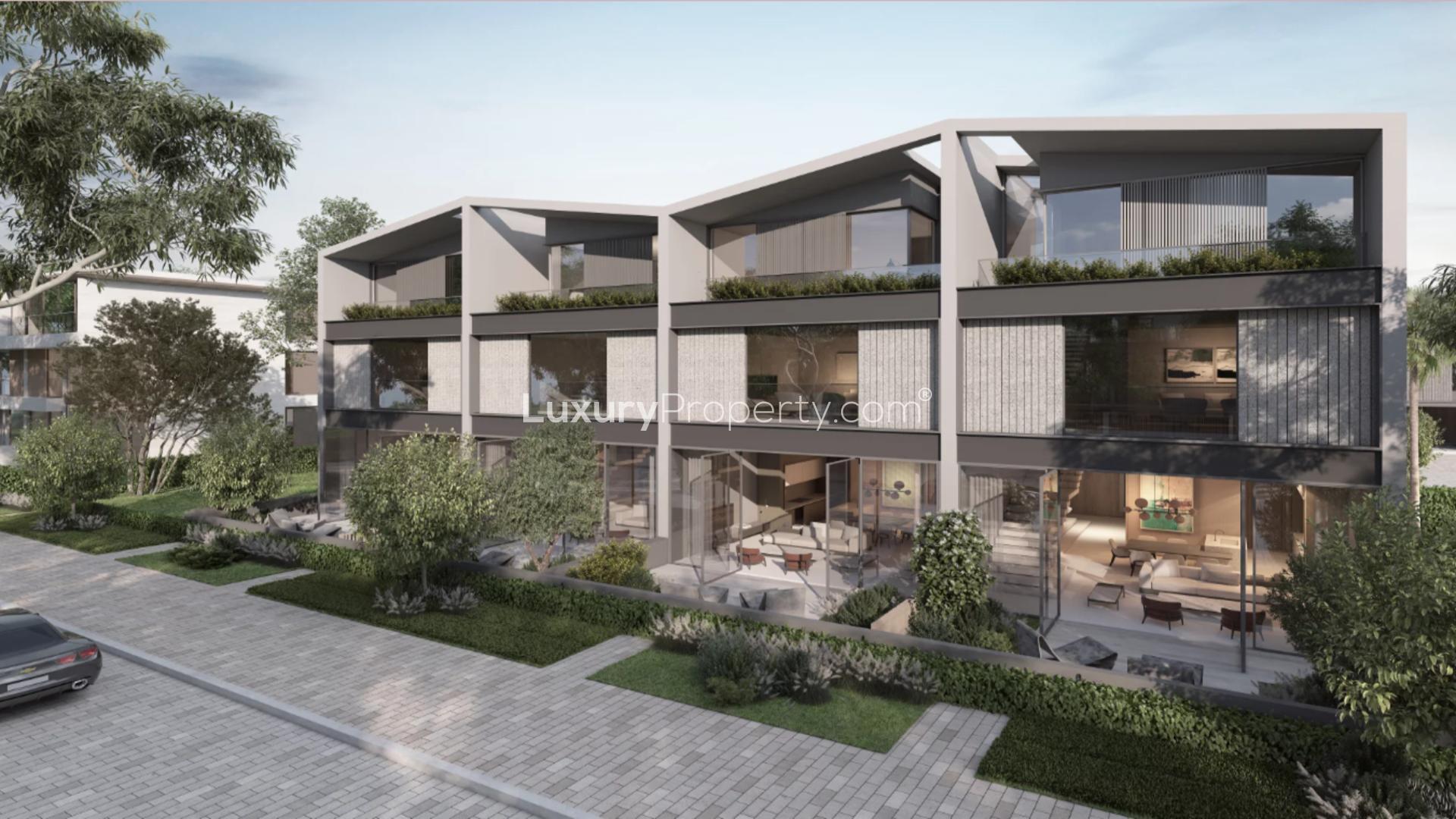 N/A,Modern luxury villa exterior in Nadd Al Sheba, featuring sleek design and lush landscaping