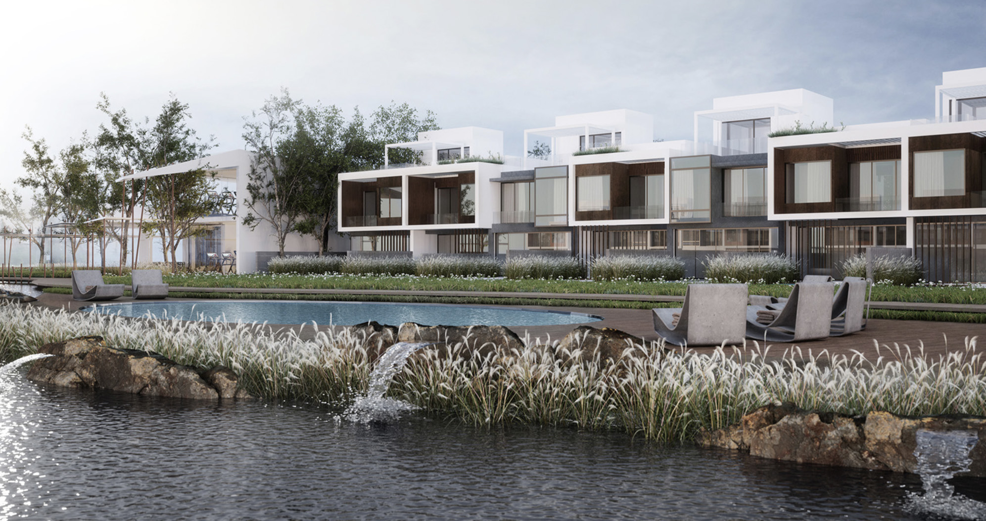Sunset view of Jumeirah Luxury villas with lush greenery and water features