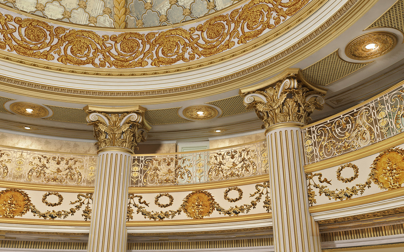 Luxurious interior of Kempinski Palm Jumeirah villa with ornate columns and elegant decor