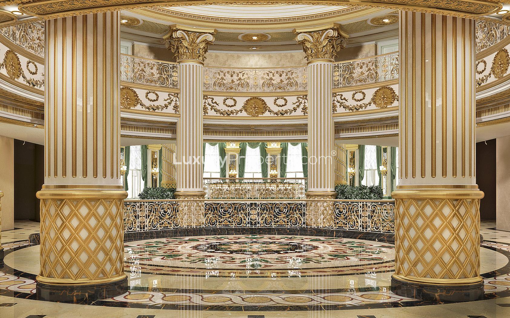 Luxurious Palm Jumeirah villa balcony view overlooking pool and city skyline at night