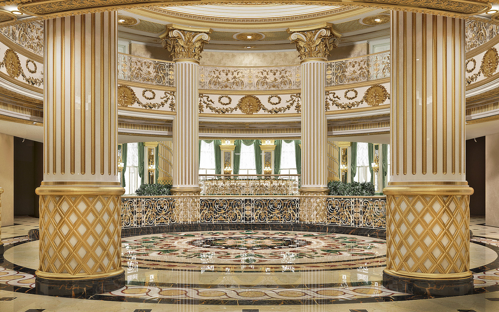 Luxurious Palm Jumeirah villa balcony view overlooking pool and city skyline at night