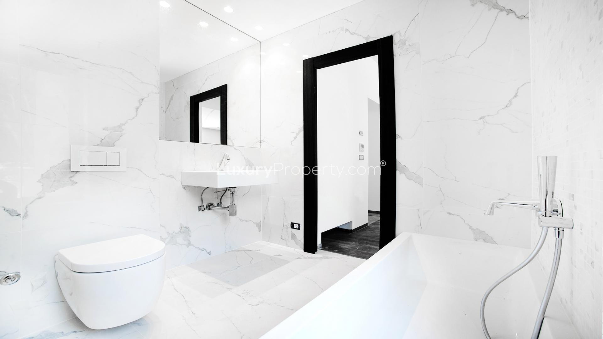 Modern bathroom with marble finishes in Dubrovnik sea-facing villa, Kolocep Island, Croatia