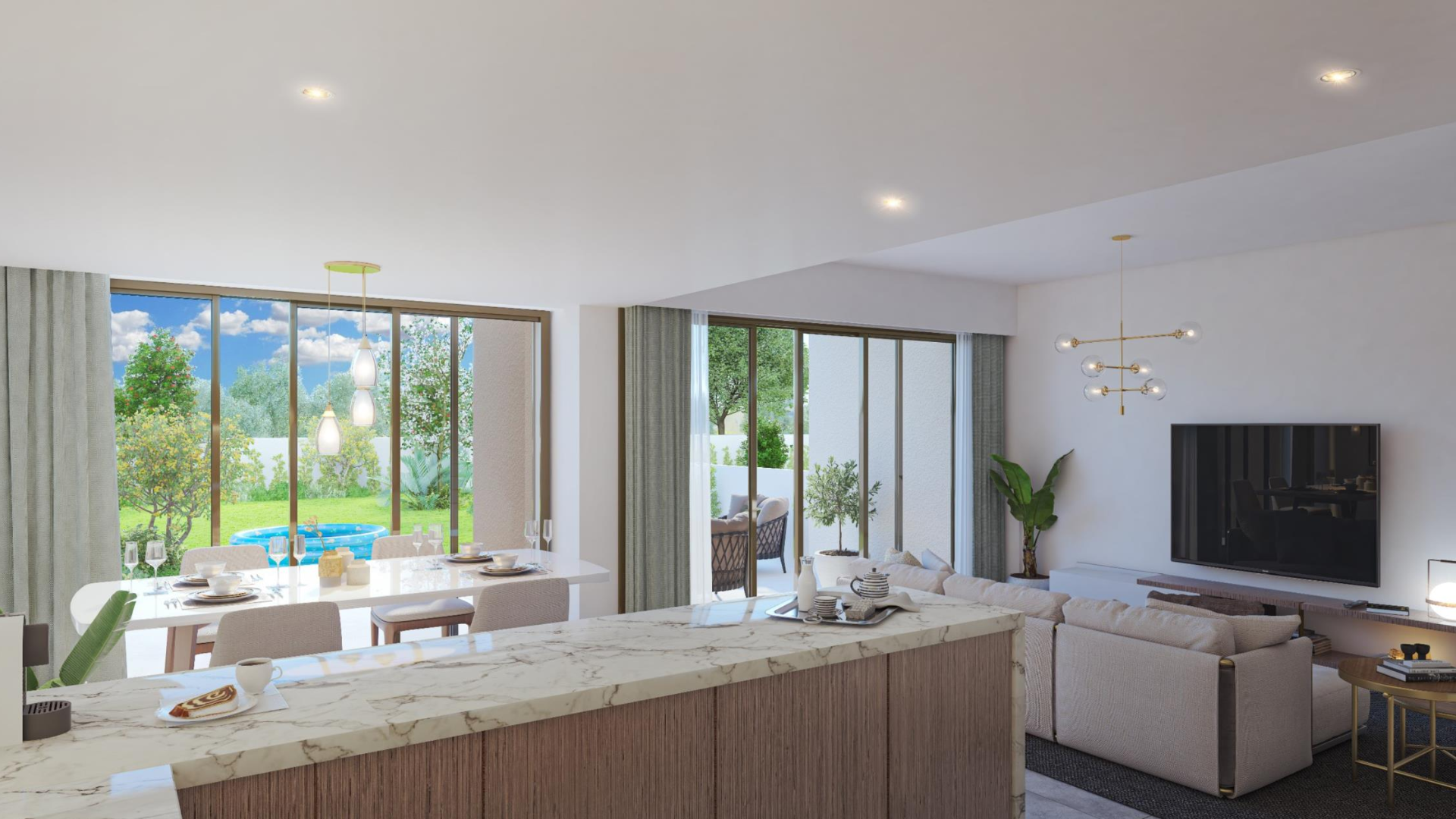 Contemporary living area in 4-bedroom Villanova townhouse, Dubai Land, with garden view