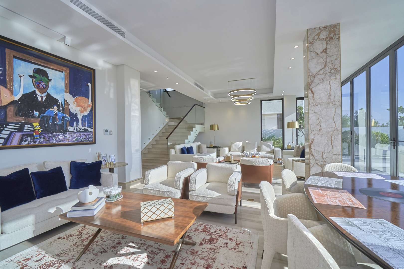 Luxurious bedroom in upgraded Damac Hills villa with elegant decor and large window view