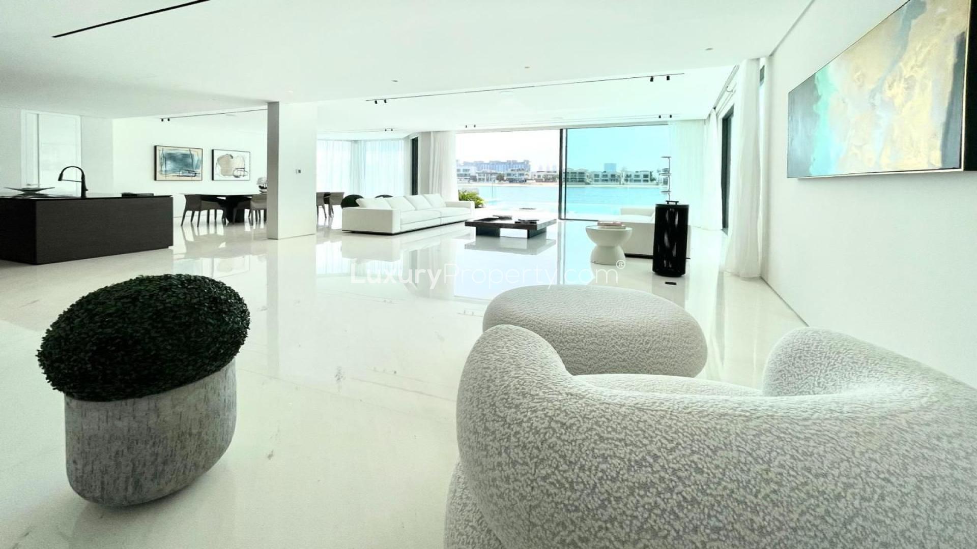 Luxury villa pool with skyline views, lush garden, Palm Jumeirah Garden Homes