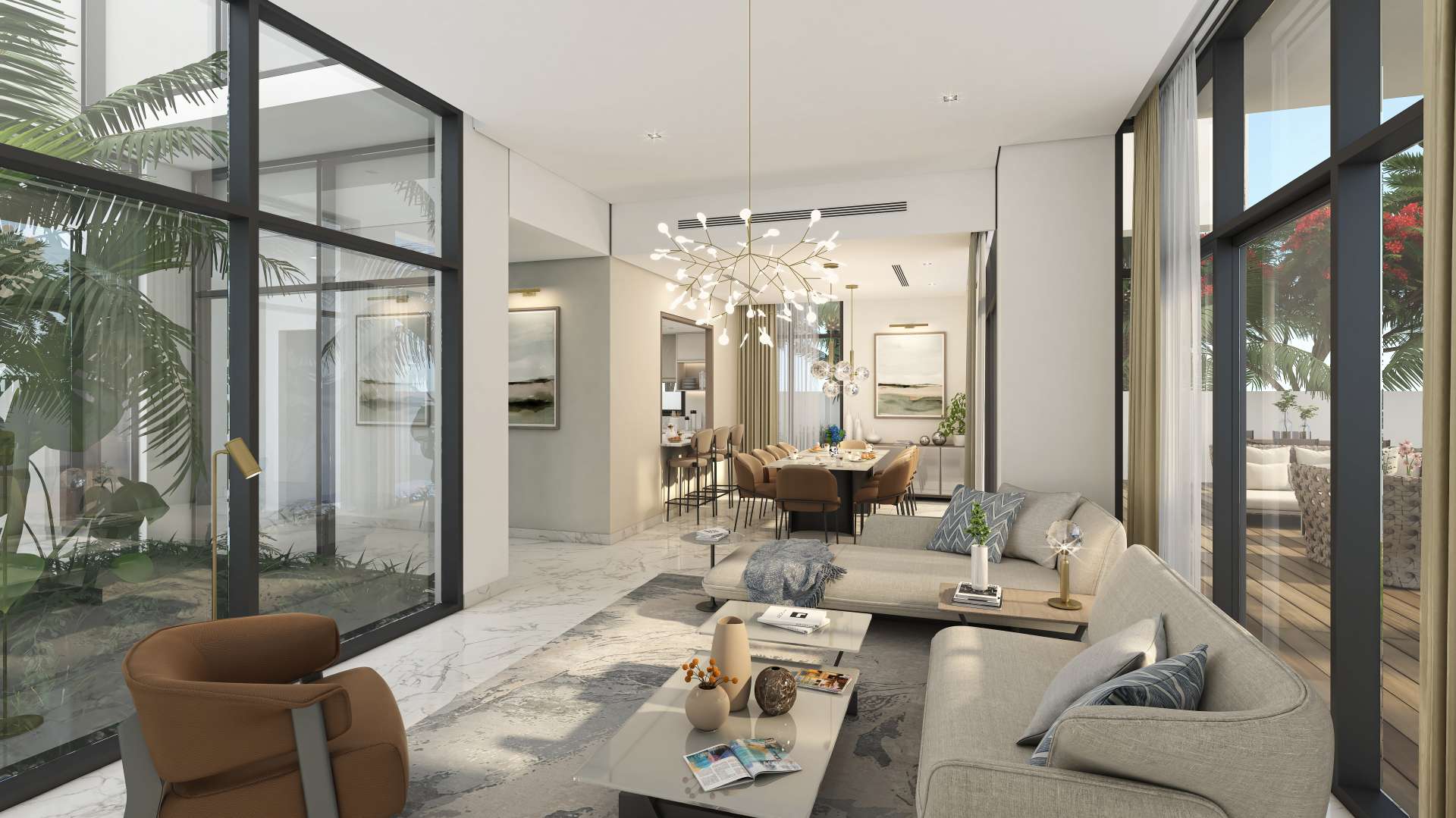 Modern 4-bedroom villa exterior in Murooj Al Furjan, Dubai, with lush landscaping