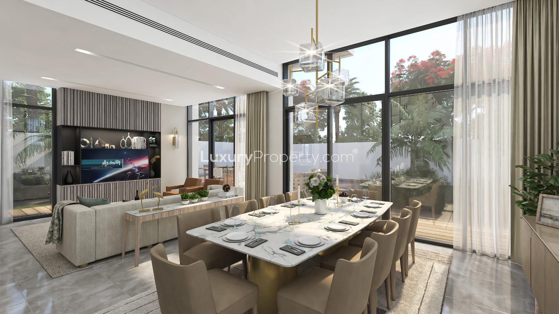 Modern villa exterior in Murooj Al Furjan with garden and swimming pool