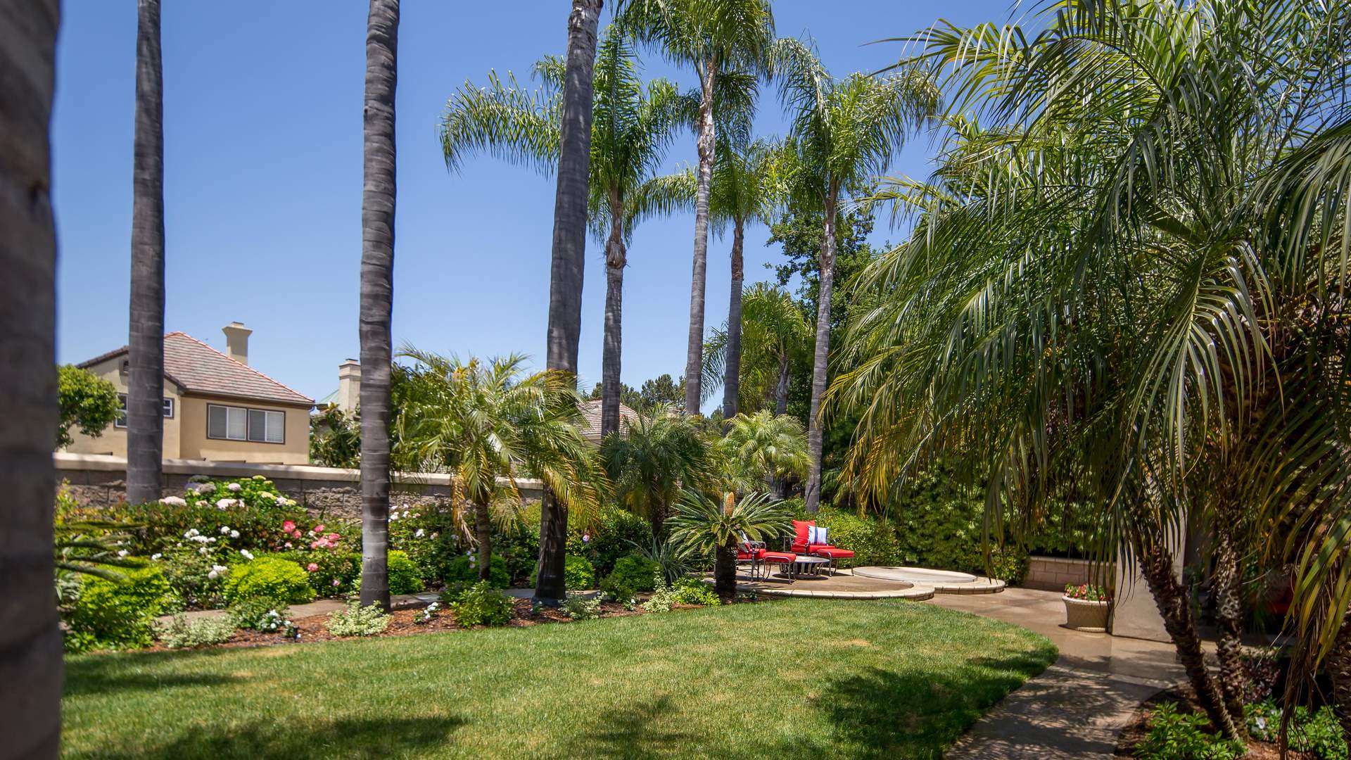 Elegant villa exterior with palm trees, Newport Coast, California, for sale, LP01311