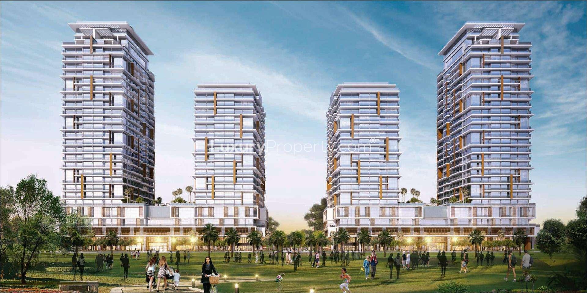 Luxurious Park Gate Residences exterior with fountains and greenery in Zabeel District