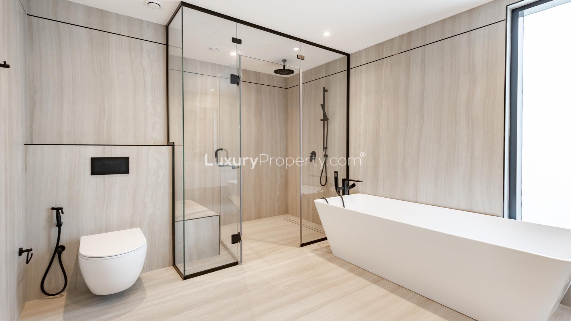 Modern staircase in 5-bedroom villa, Jumeirah Islands Oasis Clusters, spacious and elegant interior design