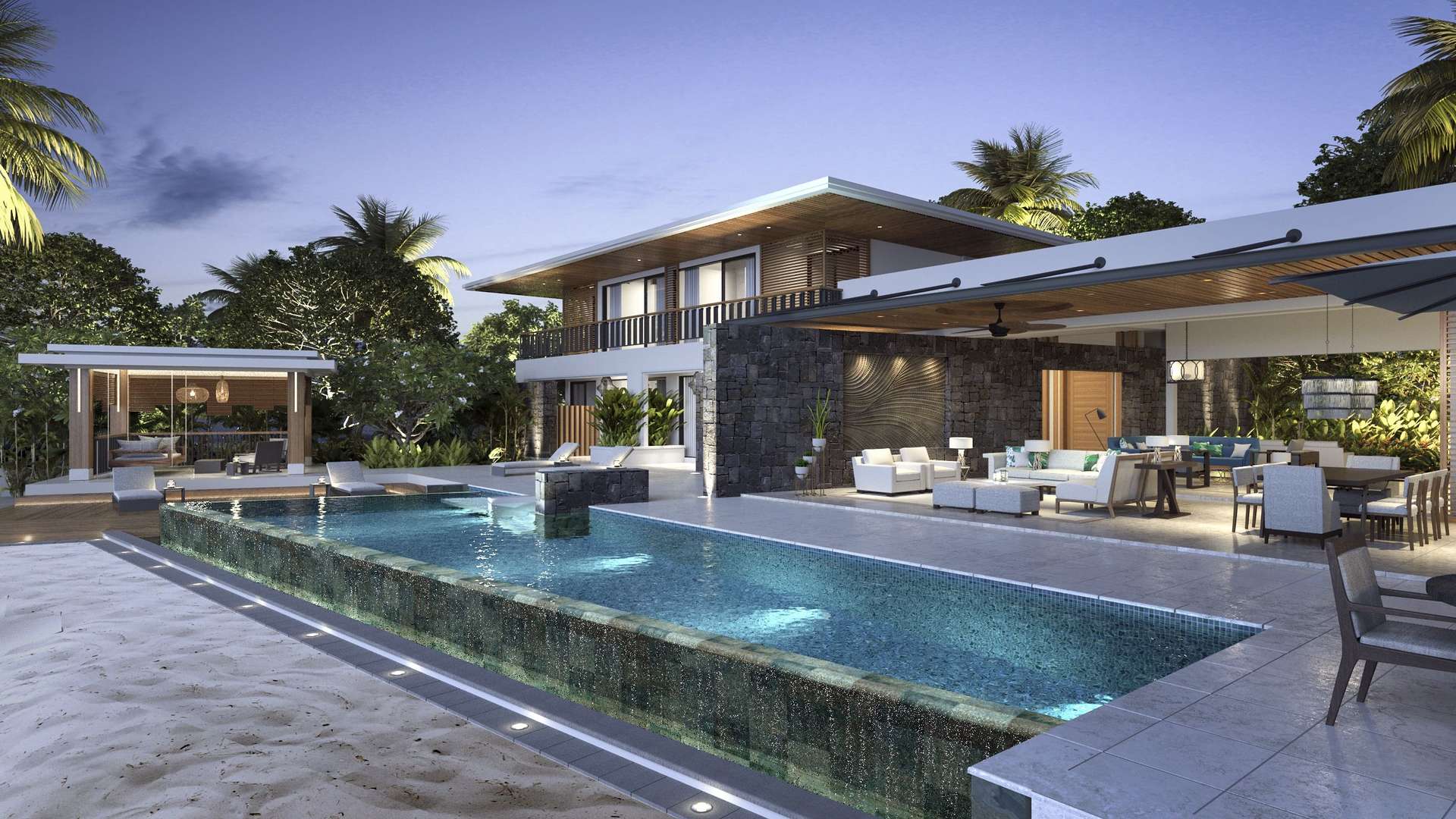 Luxurious Anahita villa living room with sea view, modern decor, spacious dining area