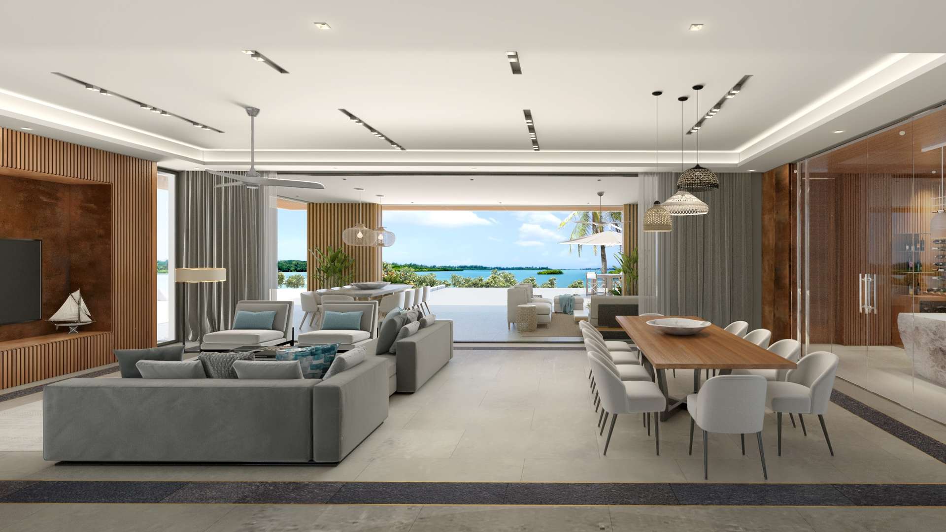 Luxurious villa living area with sea view, pool, and modern furniture in Anahita, Mauritius