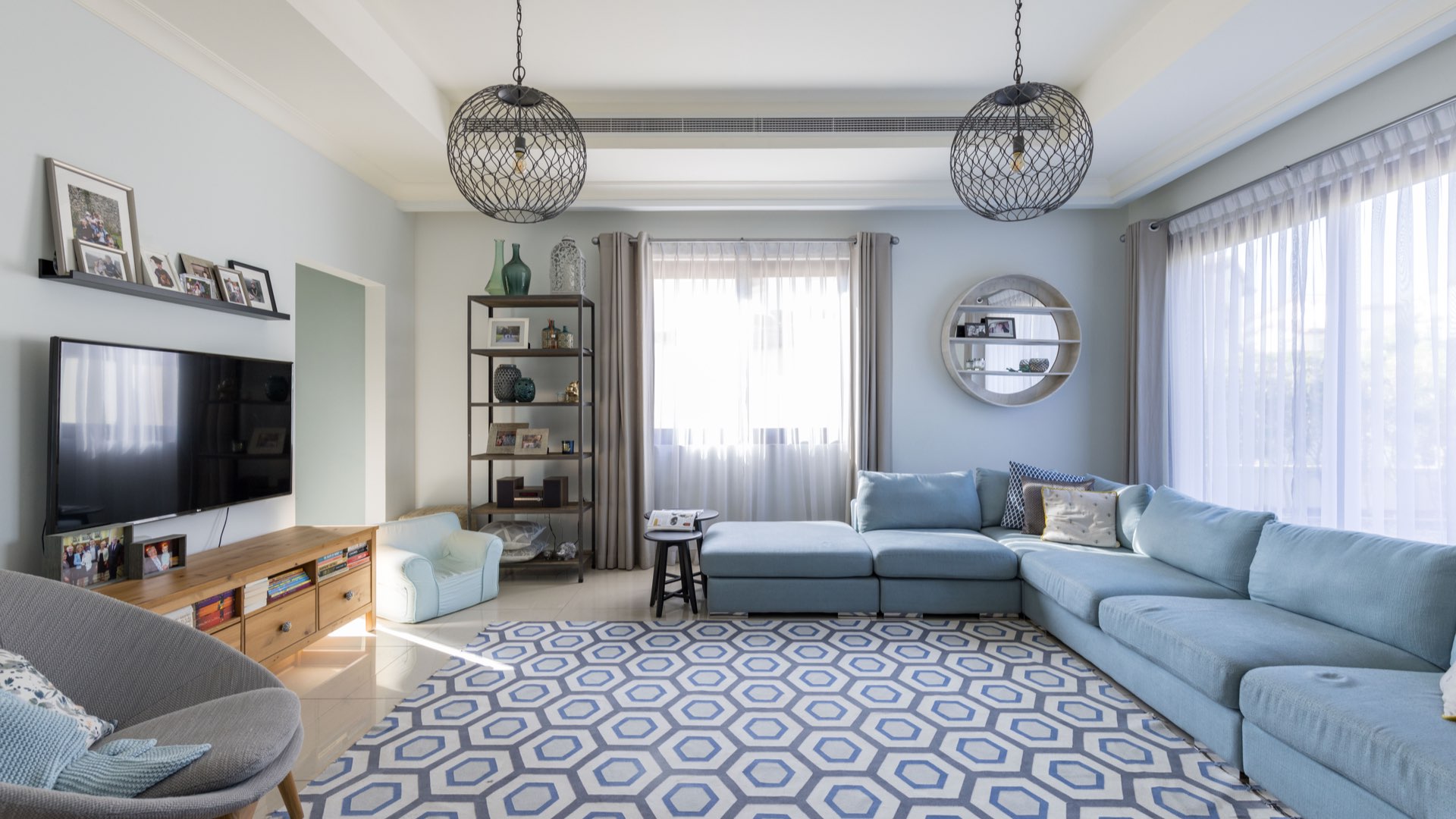 Modern living room in 4-bedroom villa, Arabian Ranches II, Rosa community, elegant decor and lighting