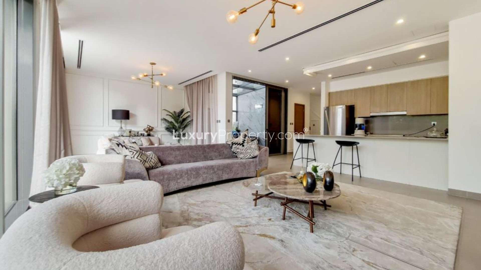 Contemporary villa patio with seating in Sidra Villas, Dubai Hills Estate, available for rent