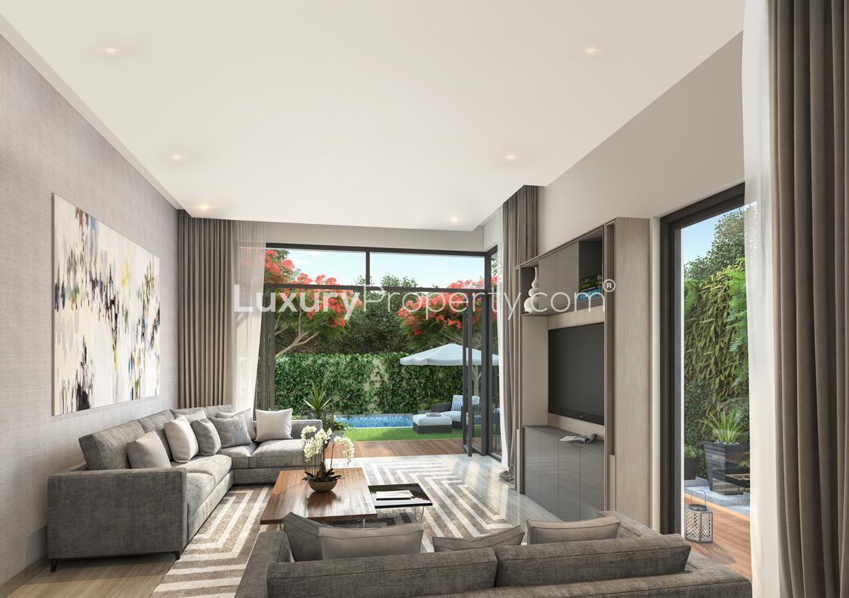 Contemporary bedroom in Gardenia Villa, Sobha Hartland, MBR City with modern decor and artwork