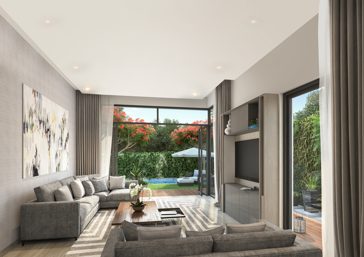 Contemporary bedroom in Gardenia Villa, Sobha Hartland, MBR City with modern decor and artwork