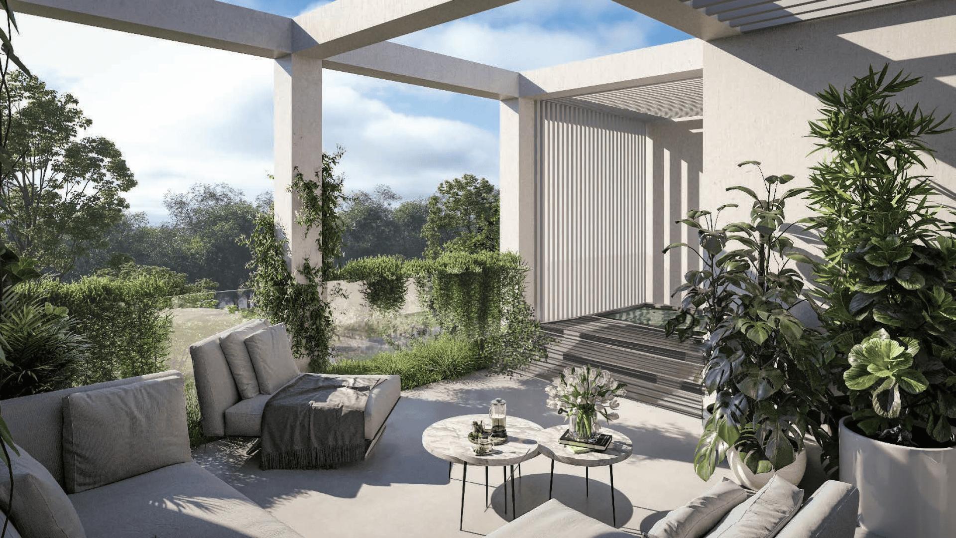 Luxurious living room in Ixora townhouse, Al Barari, with modern decor and elegant finishes