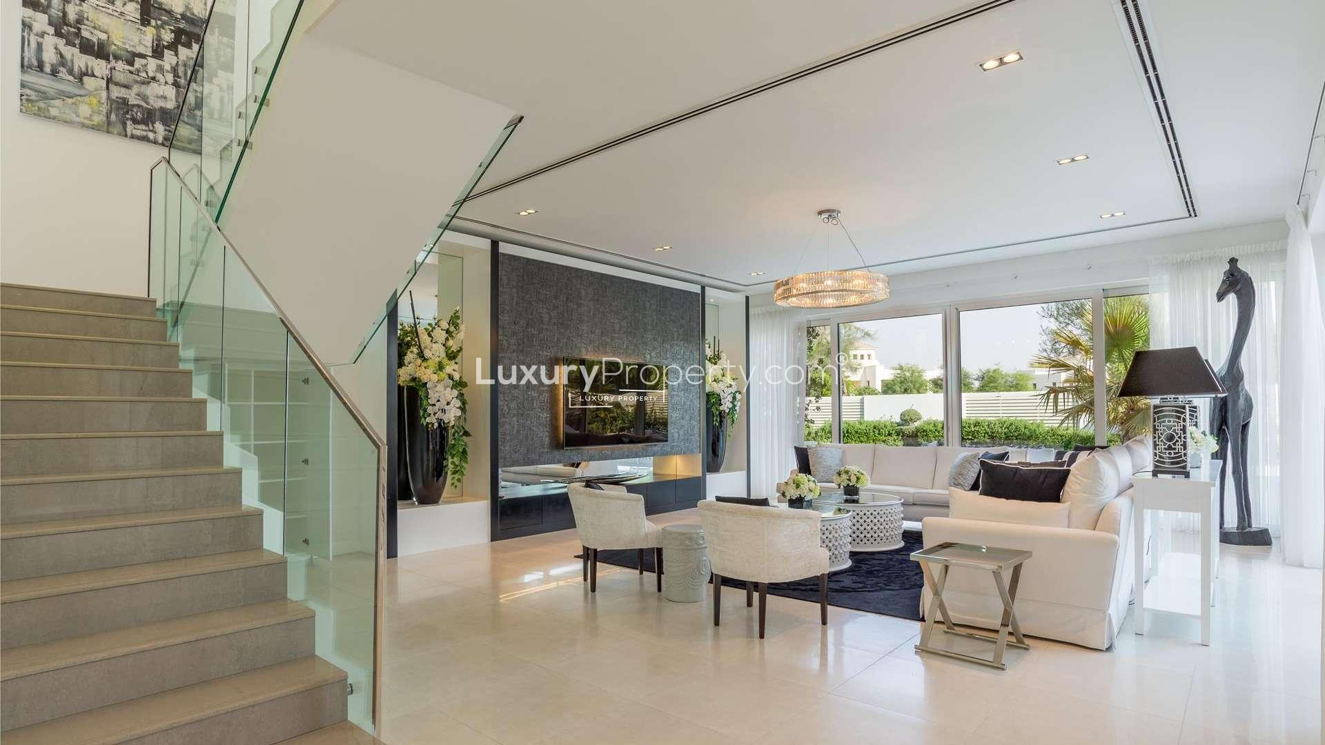 Luxurious bathroom with garden view in modern Al Barari villa, The Nest community