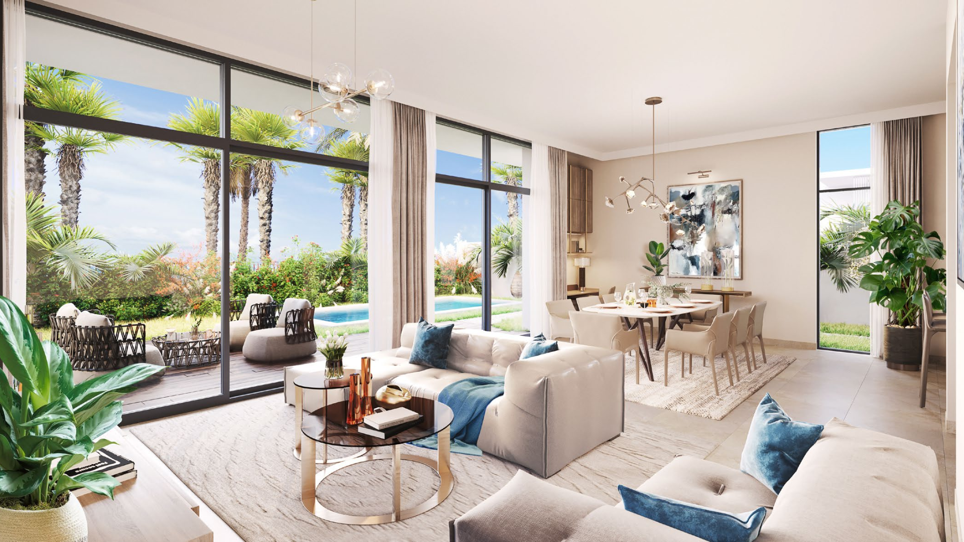 Modern 4-bedroom villa exterior in Tilal Al Furjan, Dubai, with lush landscaping