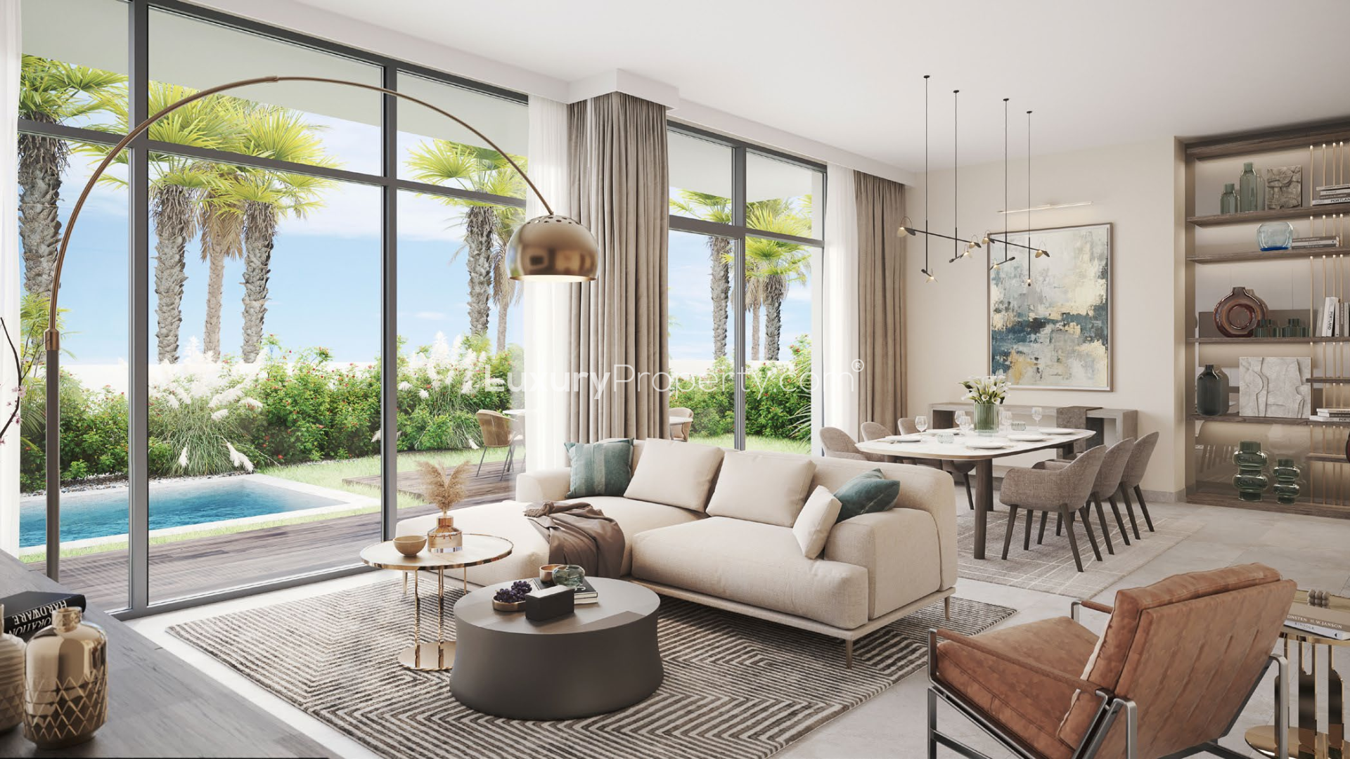 Luxurious living room in 4-bedroom villa, Tilal Al Furjan, Dubai with pool view