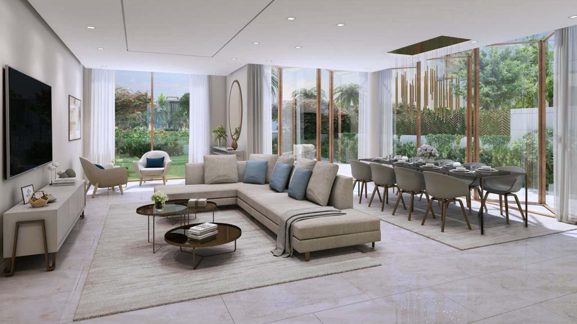 Modern bedroom in Jumeirah Bay Island townhouse with large windows and elegant decor