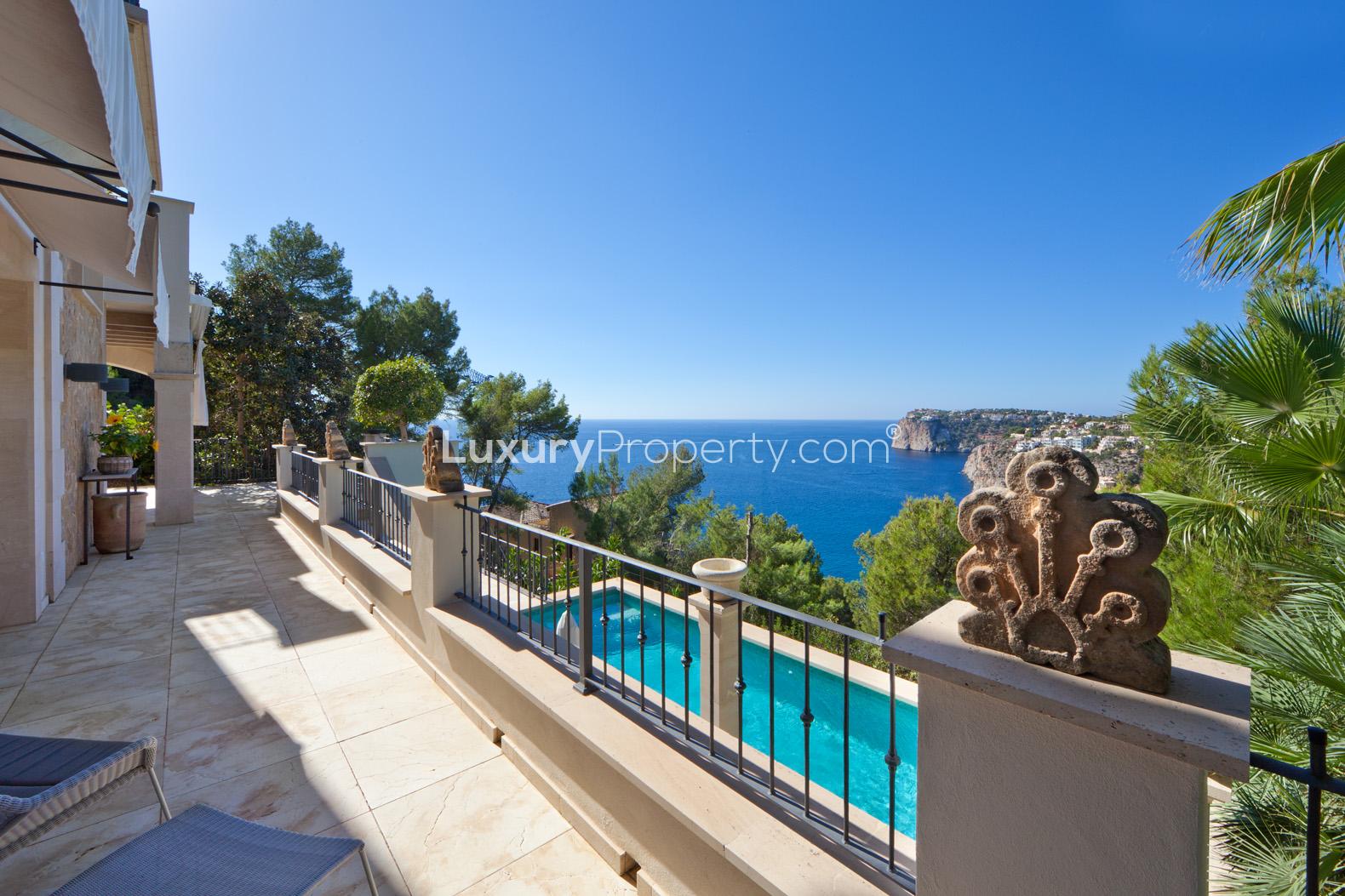 Interior of Spanish villa bedroom with ocean view in Port d'Andratx, Mallorca