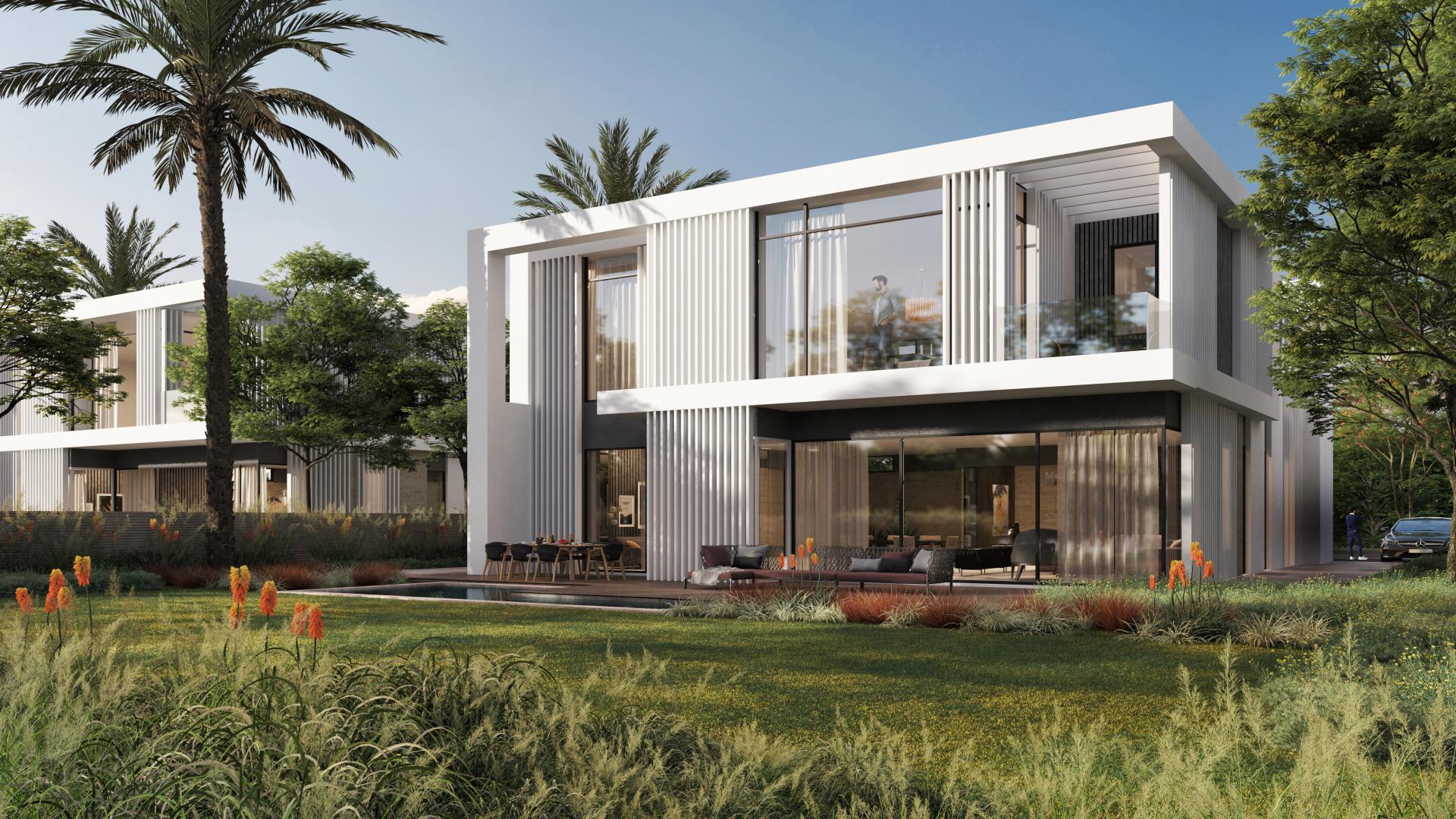 Modern villa exterior in Zed East, New Cairo, with lush garden and driveway
