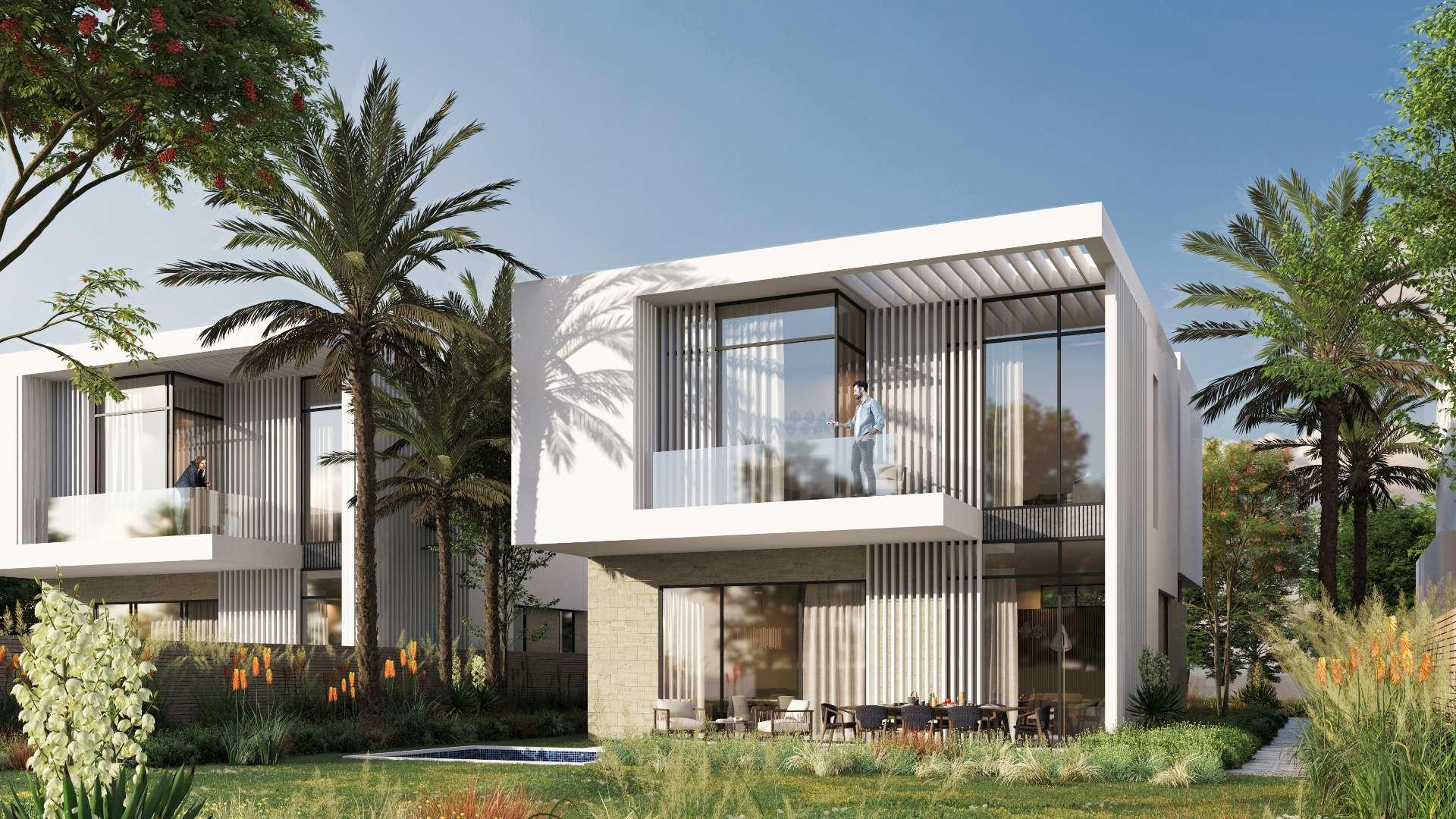 N/A,Modern villa exterior in Zed East, New Cairo with lush garden and palm trees.