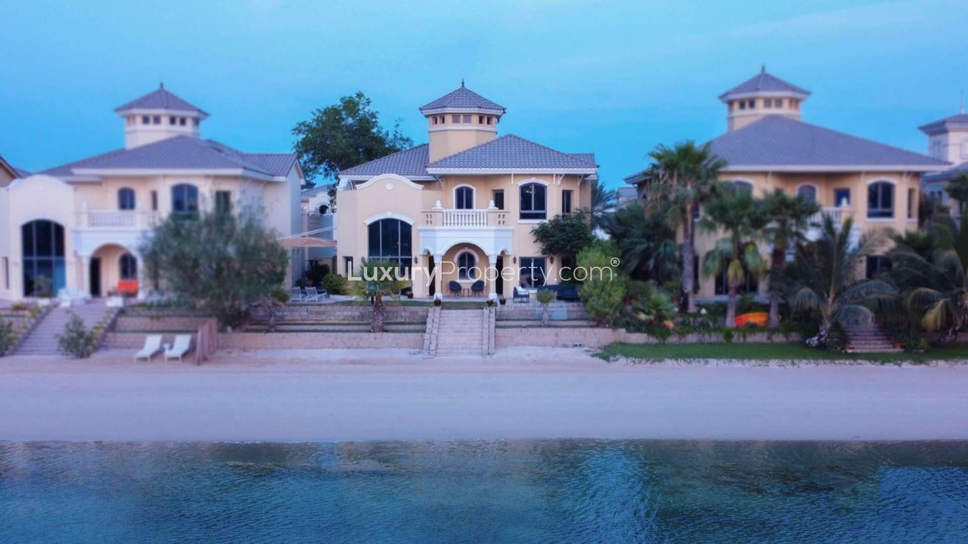 Luxurious living room in Palm Jumeirah villa with modern decor and natural lighting