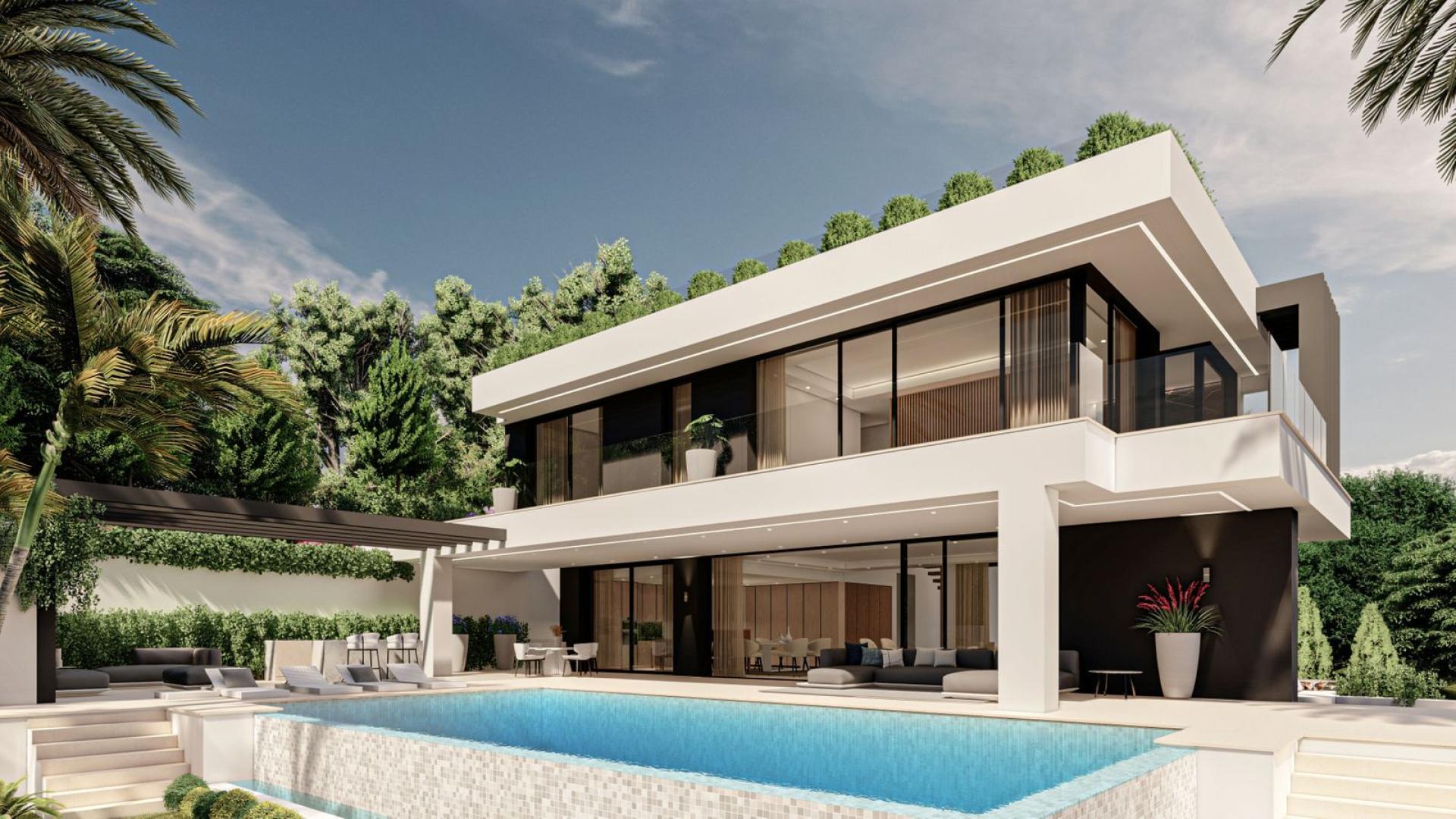 Modern luxury villa with pool in Marbella Golden Mile, surrounded by lush greenery