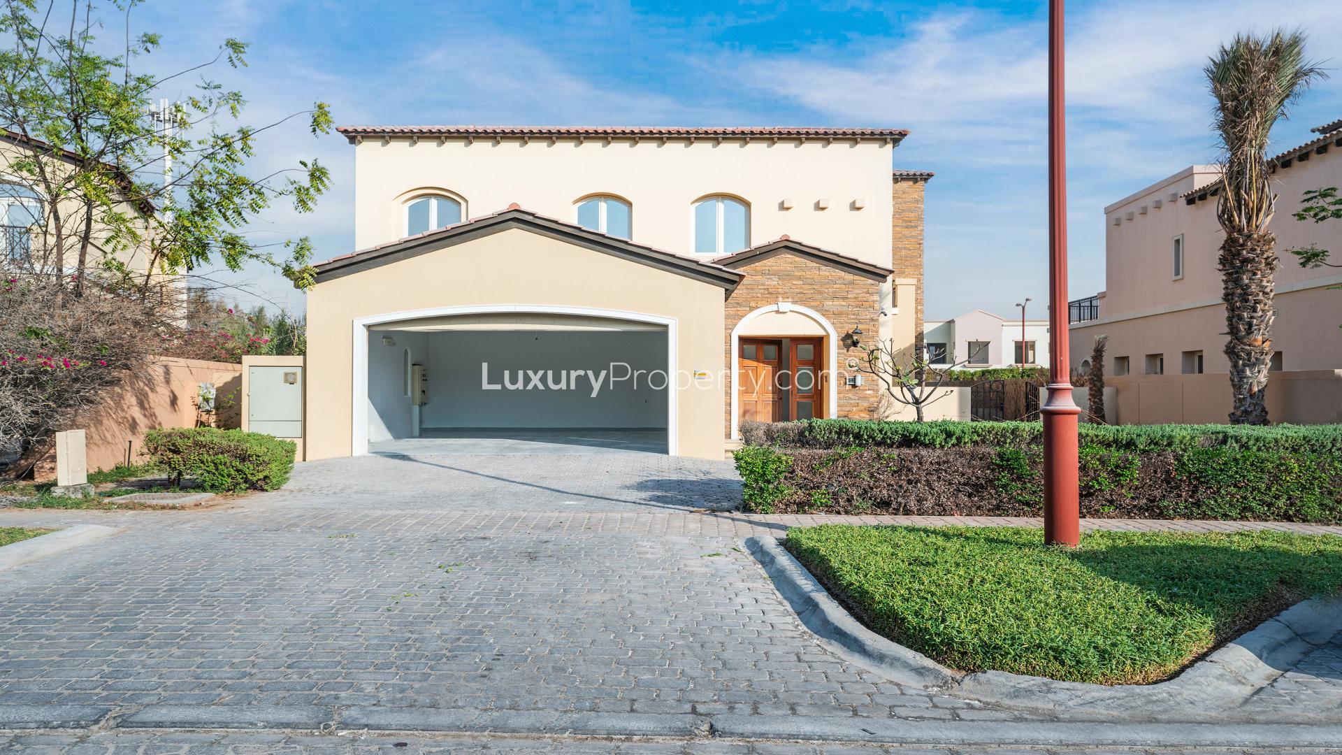 Exterior view of 5-bedroom villa in Jumeirah Golf Estates, Fire community for rent