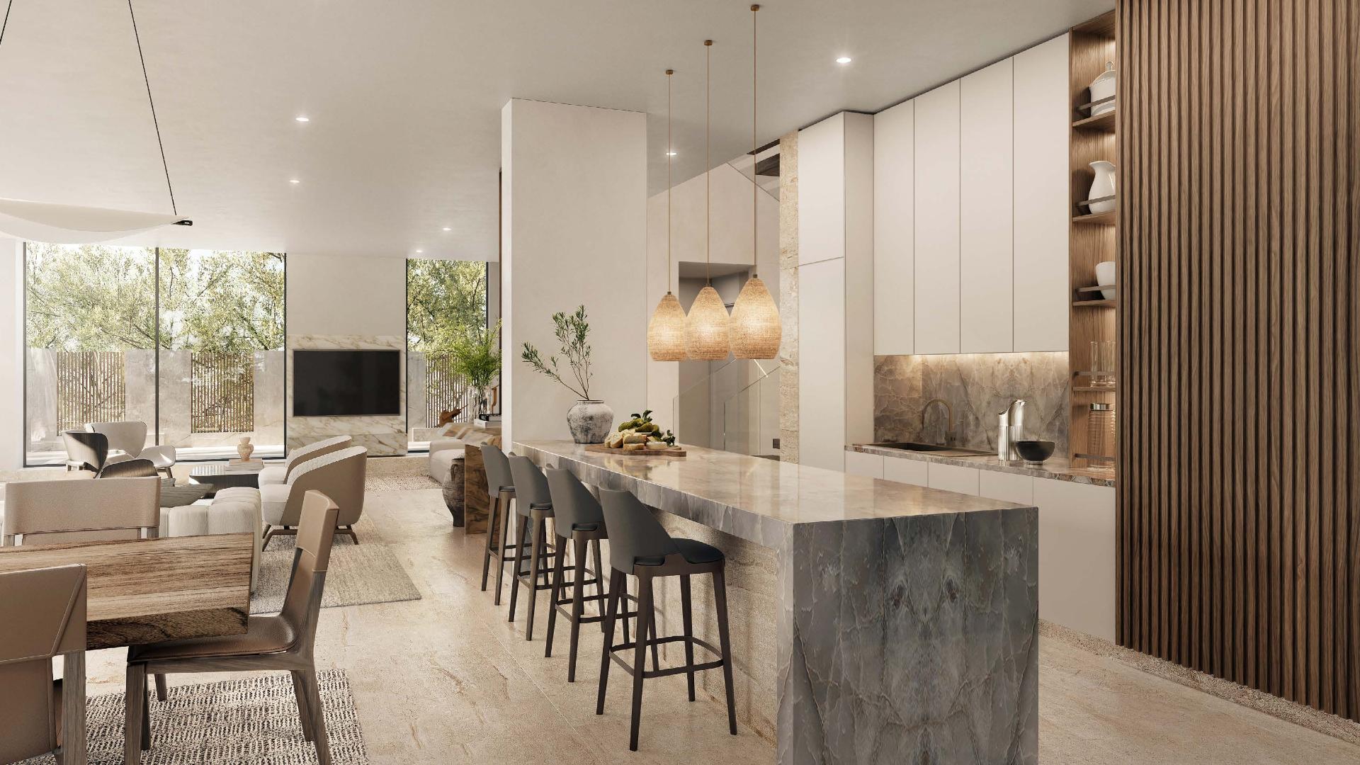 Luxurious villa living room with modern decor and garden view in Tilal Al Ghaf